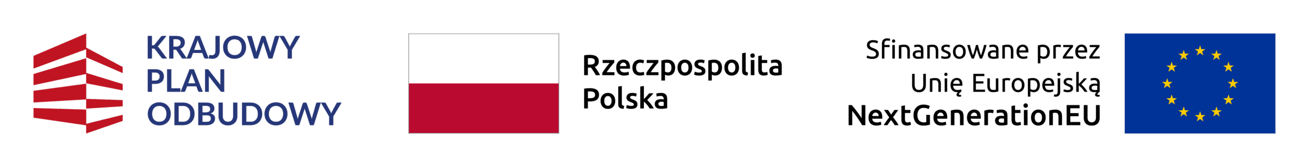 zestawienie logotypów projektu - Krajowy Plan Odbudowy, flaga Rzeczpospolitej Polskiej, flaga UE sfinansowane przez Unię Europejską NextGenerationEU