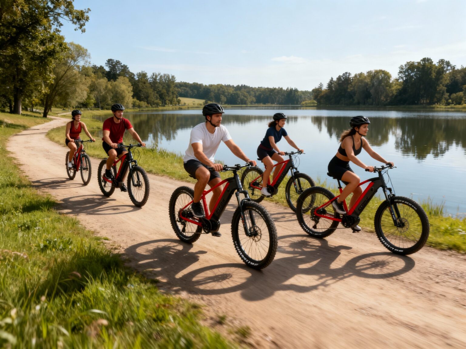grupa osób na rowerach elektrycznych Ecobike RX500 jadąca po szutrowej ścieżce wzdłuż jeziora