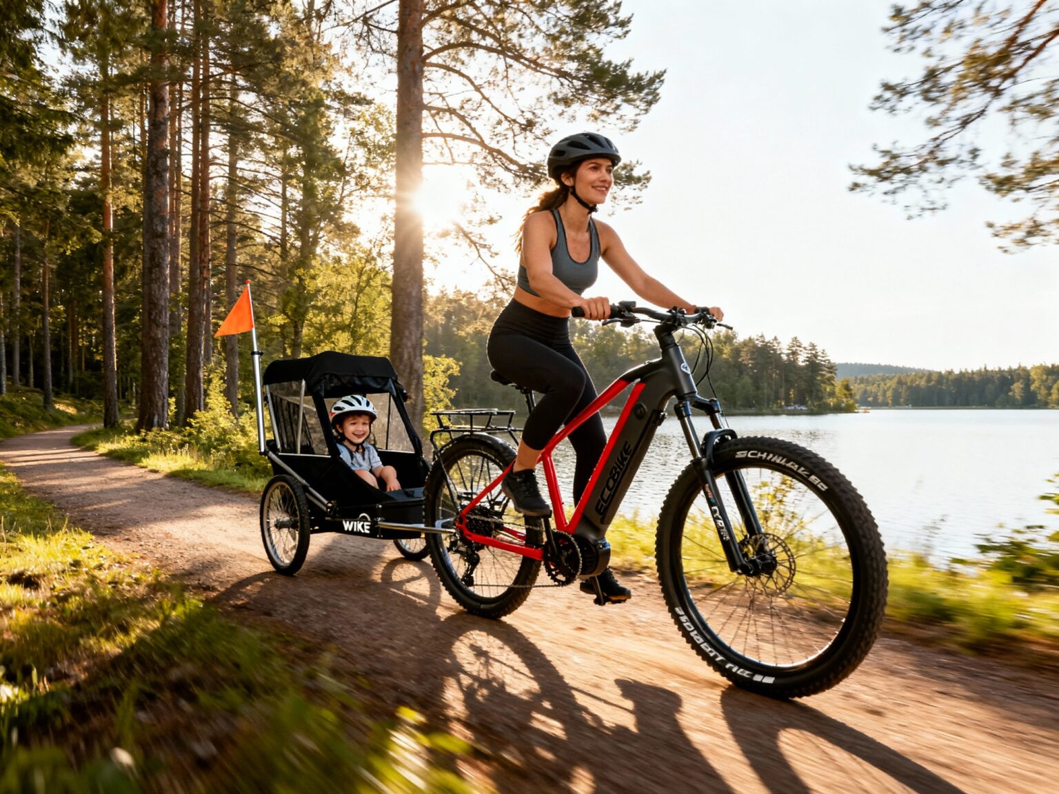 Kobieta jadąca na rowerze elektrycznym Ecobike RX500 jadąca po szutrowej ścieżce wzdłuż jeziora. Za rowerem przypięta przyczepka rowerowa Wike Large, a w niej siedzi kilkuletni chłopiec w kasku.