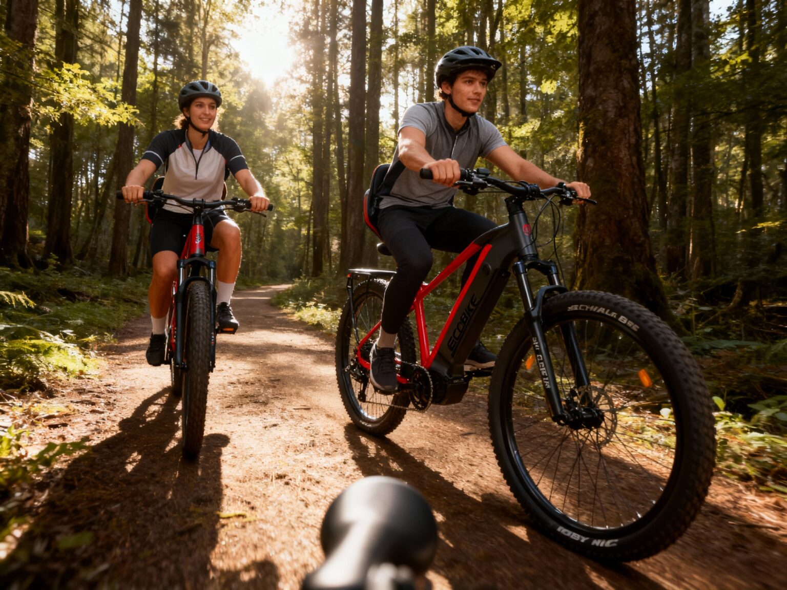 mężczyzna i kobieta jadący na rowerach elektrycznych Ecobike RX500 po leśnej ścieżce