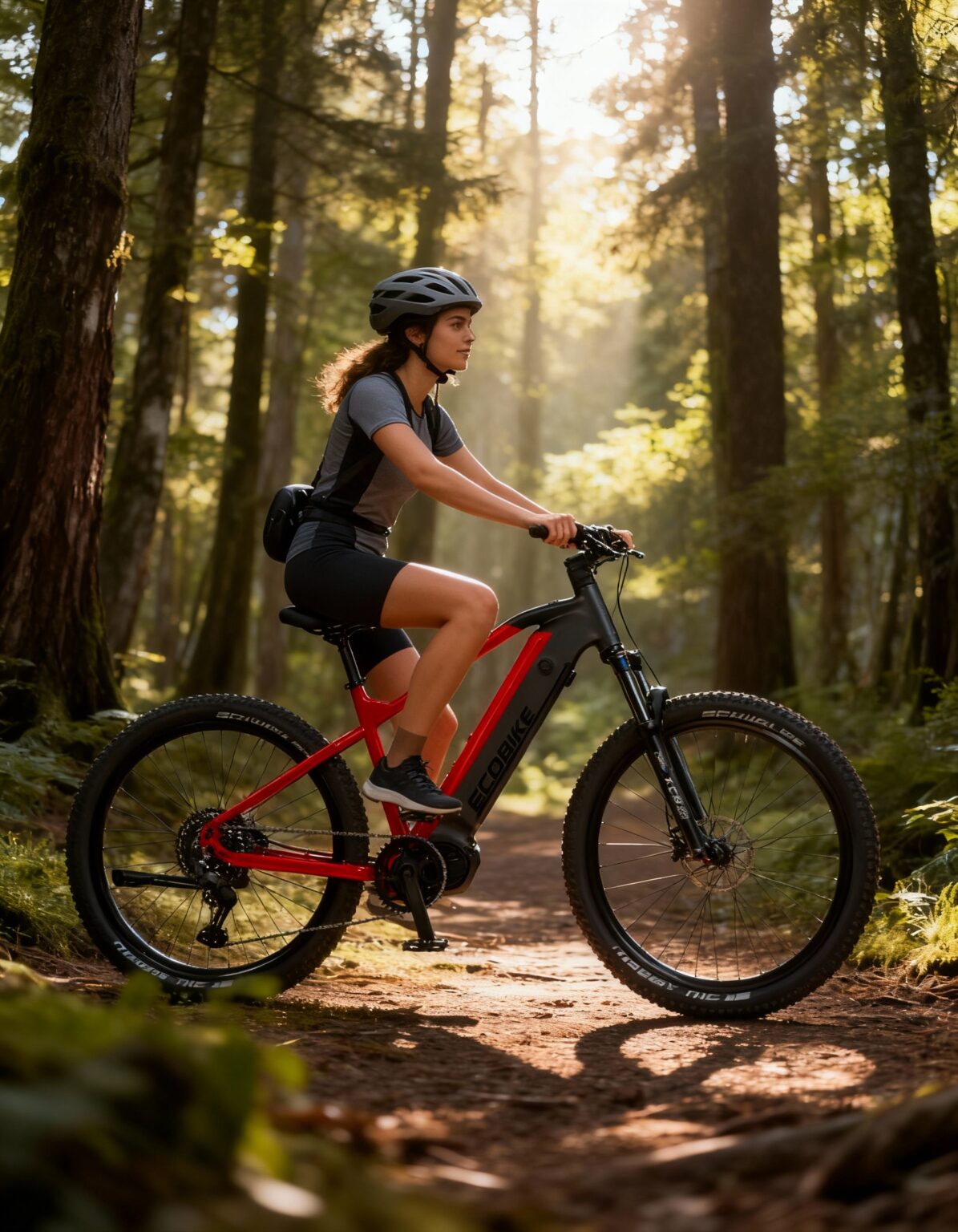 kobieta w sportowym stroju i kasku na rowerze elektrycznym Ecobike RX500 na leśnej ścieżce